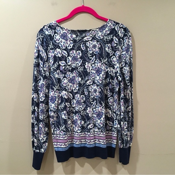 TALBOTS Knit Sweater Top Cotton Womens Size S Floral Blue Navy Purple Boho - Picture 4 of 6
